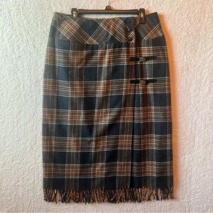 Women's Wool‎ Plaid Wrap Blanket Skirt Sz 14 Fringe Buckle Academia Equestrian